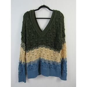 POL Medium Open Weave V Neck Sweater Open Knit Blue Olive Green Cream Tan